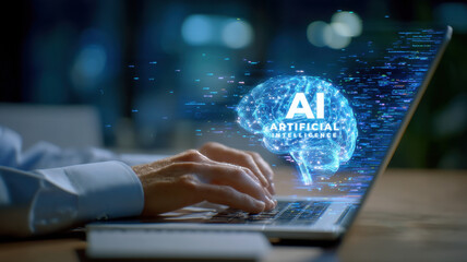 Naklejka premium AI artificial intelligence hologram brain over laptop while person types on keyboard at night in office
