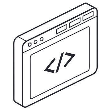 A vector graphic illustration of a computer screen with coding symbols on a white background