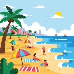 Obraz premium A beach scene with people relaxing under colorful umbrellas