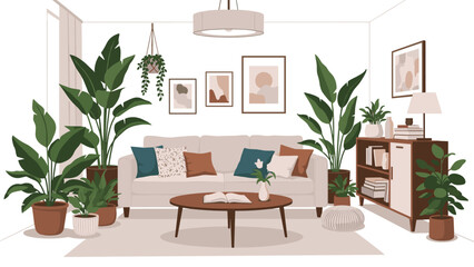 Fototapeta premium Comfortable and modern living room interior featuring a large sofa, indoor plants, a coffee table, and various wall art.
