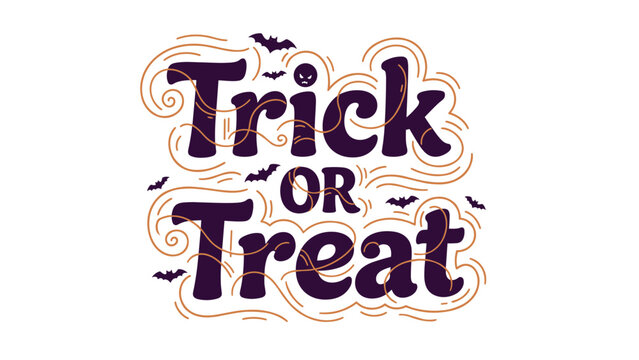 Spooky trick or treat hand drawn typography with flying bats and swirly line elements on a clean white background for halloween parties and cards.