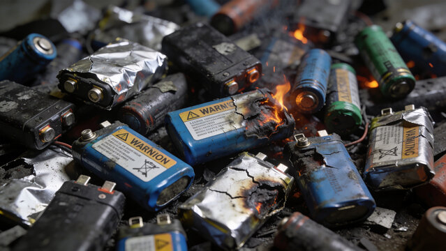 廃リチウム電池が集積した危険な電子廃棄物の記録写真