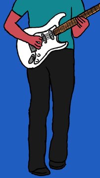 animation of guitar player playing electric guitar with little dance. vintage color style. vertical video for social media or dsp canvas