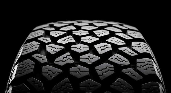 Macro shot of a tire tread pattern, showcasing textured surface against a dark backdrop
