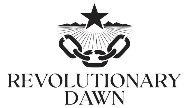 Revolutionary dawn logo featuring broken chains and star symbol