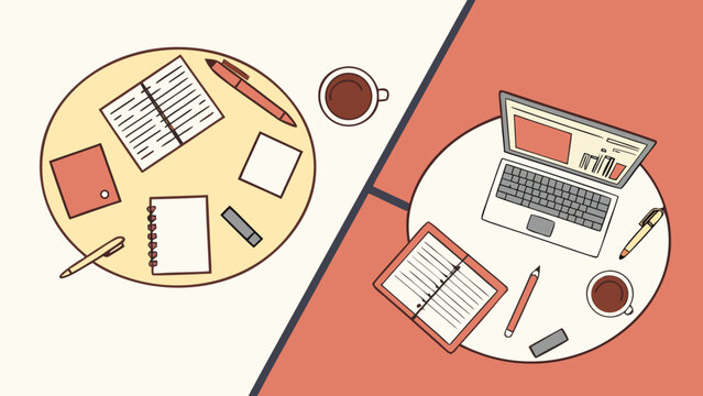 Two round table desks with office supplies and laptops for business meetings