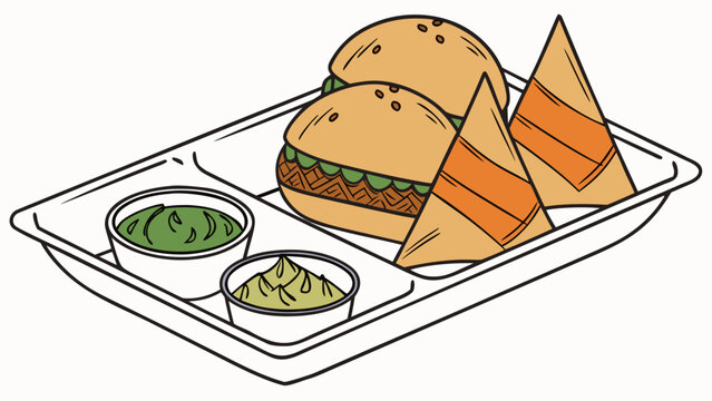 Delicious indian food on a plate with a hamburger and samosas