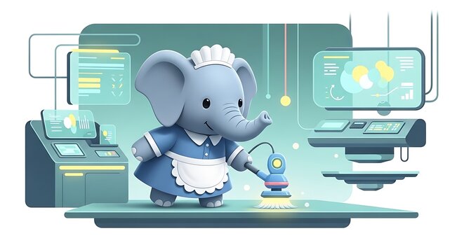 Animated elephant maid cleaning a futuristic tech platform with dashboard displays