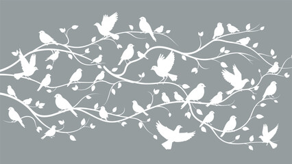 Fototapeta premium Elegant white silhouette of birds perched on swirling floral branches with leaves on a gray background, perfect for sophisticated nature designs.
