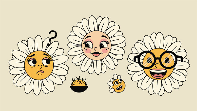 Set of retro cartoon daisy flower characters with different funny facial expressions like happy thinking and confused.