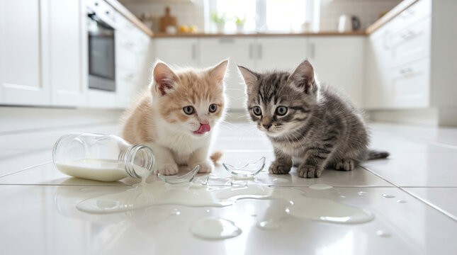 Mischievous kittens with broken milk bottle on white tiled floor