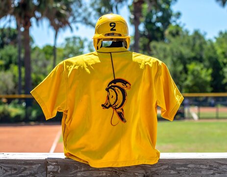 A yellow baseball jersey with a helmet atop a wooden barrier, outdoors