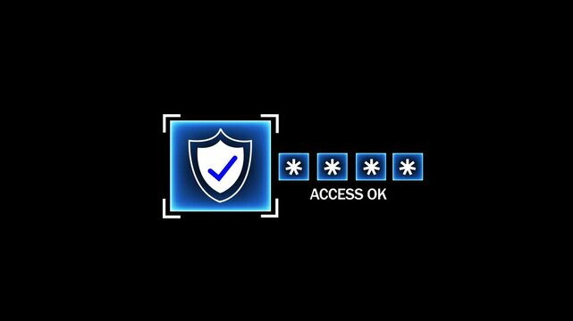 Digital security authentication interface featuring glowing shield with checkmark and access granted password verification system for cyber security, data protection, and advanced network login
