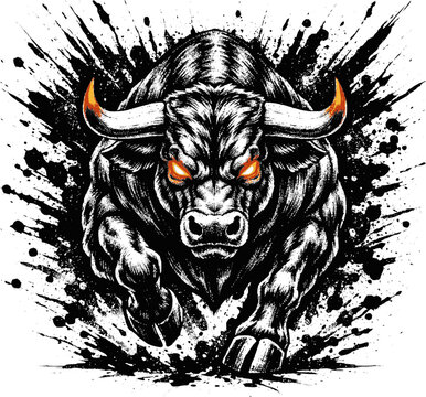 Angry bull mascot logo with horns and ink splatter isolated on white background for branding