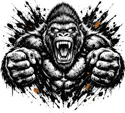 Aggressive gorilla mascot logo punching forward with ink splatter isolated on white background