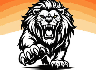 Obraz premium Roaring lion mascot illustration with orange gradient background aggressive wild animal for branding