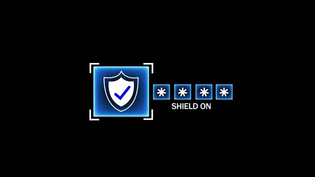 Cybersecurity digital interface featuring a glowing shield with checkmark and password asterisks loading animation for secure data protection, network privacy, and advanced system authentication
