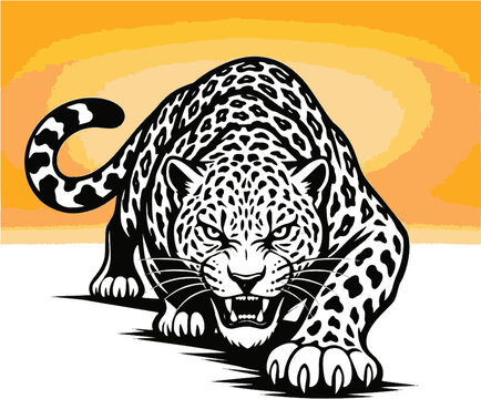 Leopard attacking forward illustration with orange background aggressive wild animal for branding design