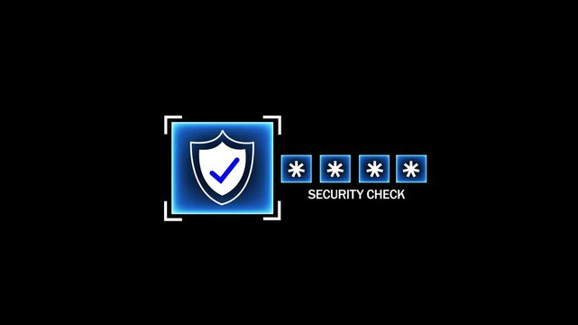 Digital cyber security authentication interface featuring a glowing shield with a checkmark and password asterisk input fields for secure user login verification and data protection systems