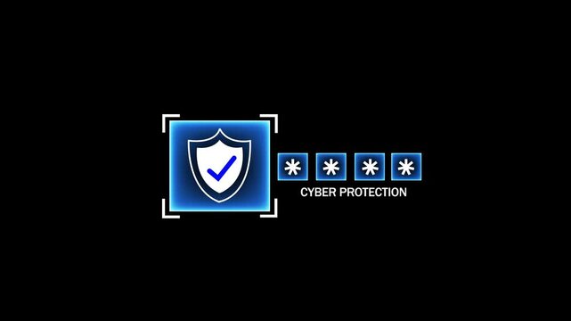 Dynamic cyber protection interface featuring a glowing digital security shield with password asterisk input fields for advanced network security, data encryption, and secure user authentication