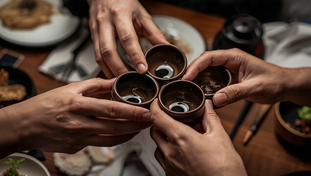 接近構図で盃の重なりを見せる日本酒乾杯の和風飲料写真