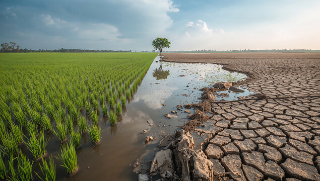 洪水と干ばつの境界に立つ木が気候の極端化を示す環境写真