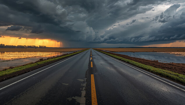 豪雨の後に水たまりが残る平原道路と雲の切れ間の光を写した風景写真