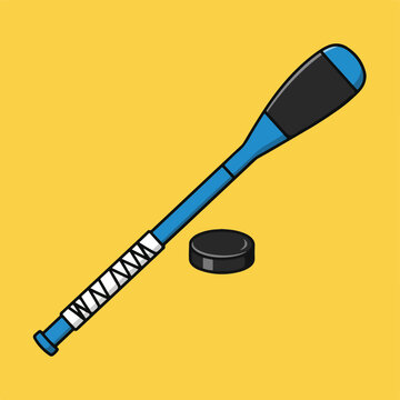 A blue hockey stick with a puck on yellow