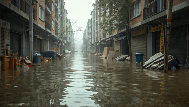 浸水した市街地に家具や生活ごみが散乱する洪水被害の風景