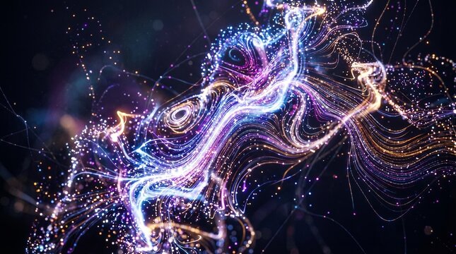 Abstract swirling lines of luminous particles, flowing through a dark, cosmic background, creating a vibrant, ethereal display of light and motion