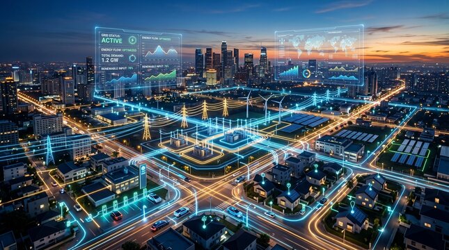 Digital transformation of a futuristic urban center with glowing network lines and augmented reality data dashboards at sunset
