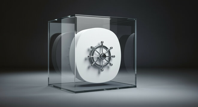 Modern safe enclosed in glass showcasing security