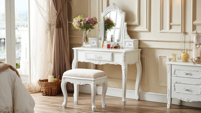 Elegant white vanity table with mirror and stool in a well lit bedroom