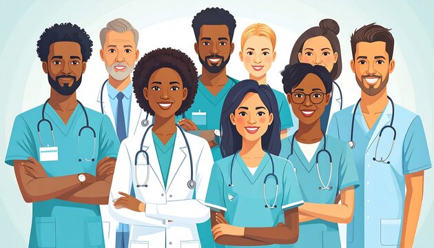 Diverse medical team, doctors and nurses, smiling, stands together in scrubs and coats on a light background