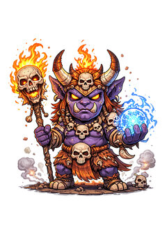 Epic Cartoon Demon Shaman with Flaming Skull Staff and Magic Orb, Fantasy Character Illustration for Games, Stickers, Merch, and Digital Art Projects