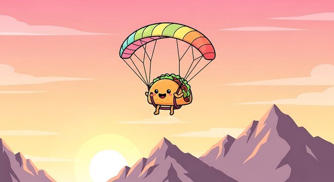 Animated image of a cheerful, cartoon taco parachuting over a mountain range at sunset, featuring vibrant colors