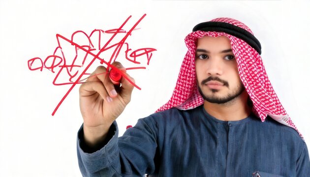 Arab man crossing out text with red marker on white.