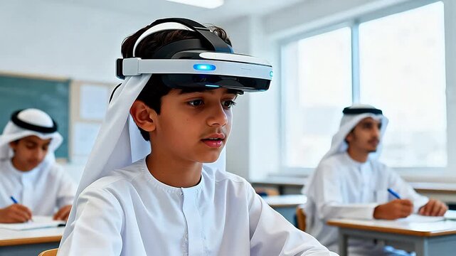 Students wearing VR headsets in classroom for educational projects, e-learning courses, and school marketing
