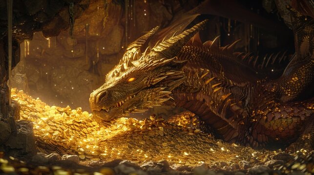 A wise old dragon with shimmering scales rests in a cave filled with piles of gold and precious jewels Electric car