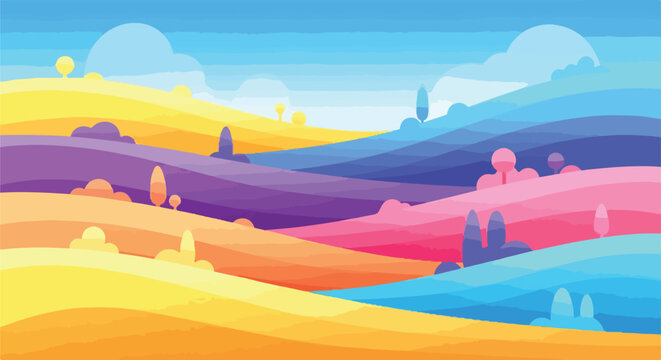 A vibrant, multicolored rolling hills landscape