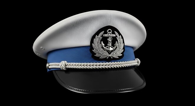 Nautical cap with silver emblem & detailing, set against black backdrop