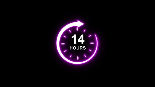 Neon glowing 14 hours countdown timer clock animation with circular progress arrow for time management, business deadlines, delivery services, and digital marketing presentations on black background