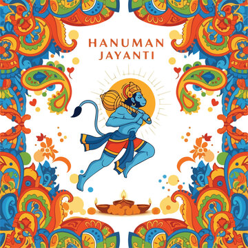 A blue-skinned monkey god in a dynamic pose surrounded by vibrant patterns