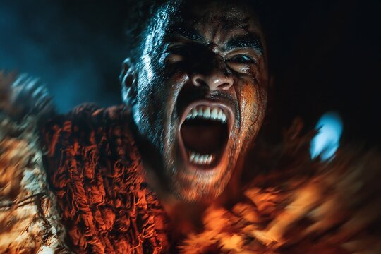 Close up of an aggressive young man screaming a primal battle cry