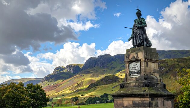A statue on a pedestal overlooking a valley and mountains