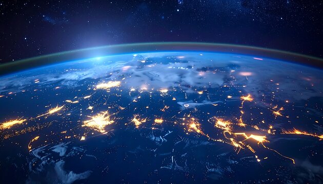 Earth viewed from space at night, cities twinkle amidst the dark expanse, against a starlit sky and thin atmosphere
