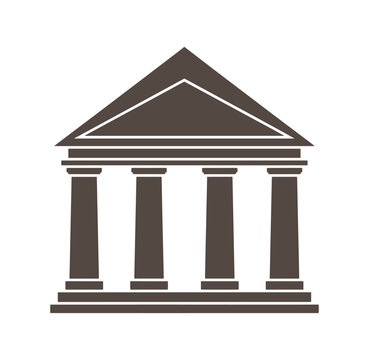 Brown building with triangular roof and four columns in front