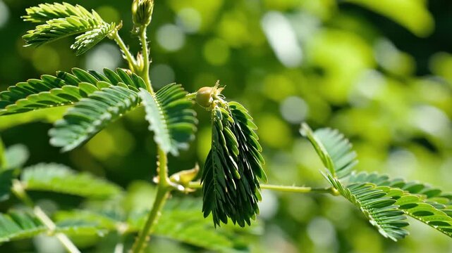 Finger Touching Sensitive Plant Mimosa Pudica Leaflets Closing