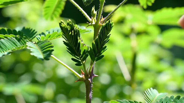 Mimosa pudica plant reacting to human touch by closing its leaves