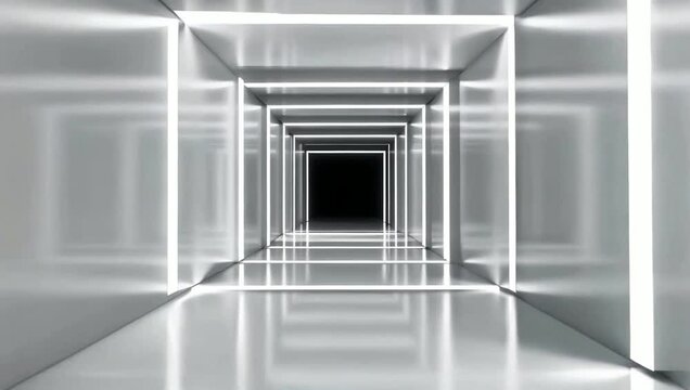 Infinite geometric tunnel with illuminated edges, creating a futuristic and abstract perspective leading to darkness, representing endless possibility or a journey into the unknown